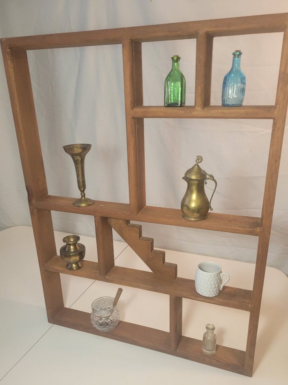 1970s Wooden Shadow Box Wall Shelf with Decorative Miniatures